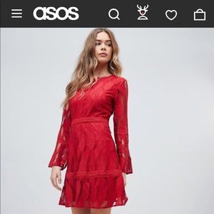 ASOS Boohoo flare sleeve lace dress in red